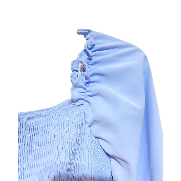 Periwinkle Off Shoulder Ruffle Hem Dress Square Neck Smocked - Picture 10 of 11